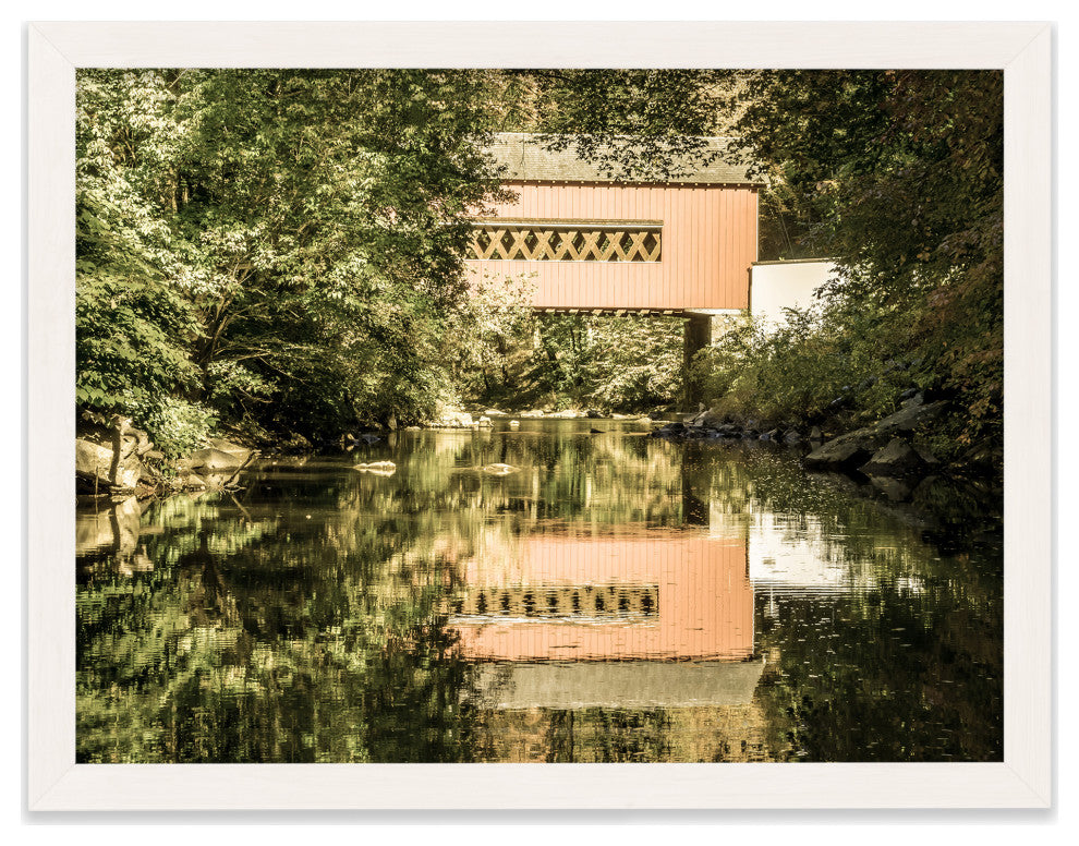 The Reflections of Wooddale Covered Bridge Aged Framed Photo Wall Art Print, White, 18" X 24"