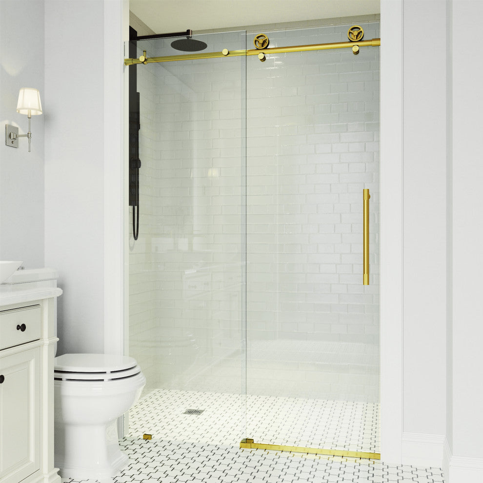 VIGO Elan Cass Aerodynamic 68" to 72" W x 76" H Frameless Sliding Shower Door, Matte Brushed Gold, Clear Glass
