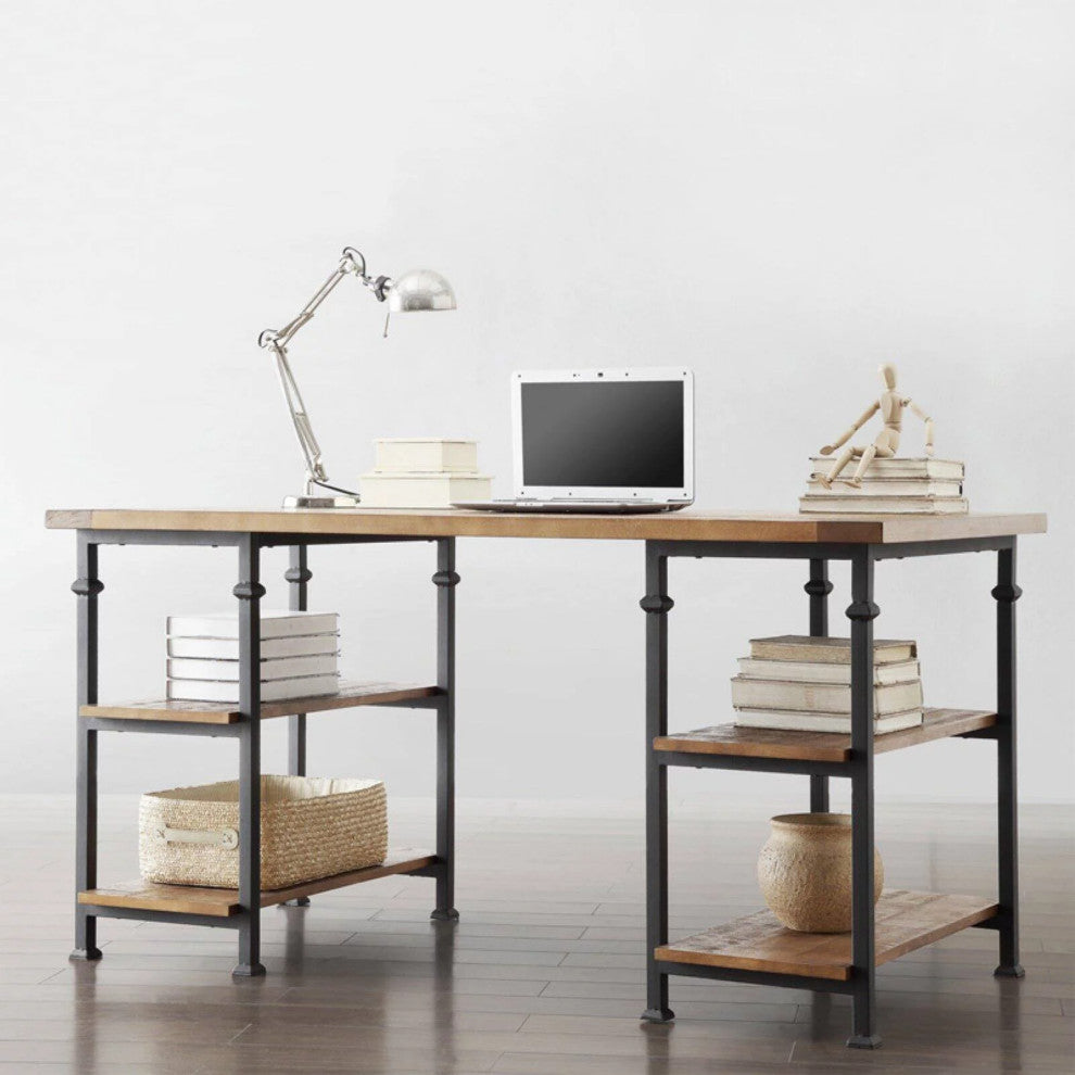 Industrial Desk, Black Metal Legs With Side Shelves & Rectangle Top, Light Brown