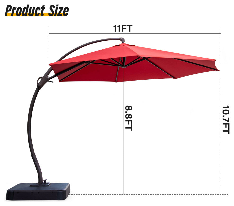 11' Outdoor Patio Hanging Cantilever Curvy Umbrella With 360 Rotation, Red