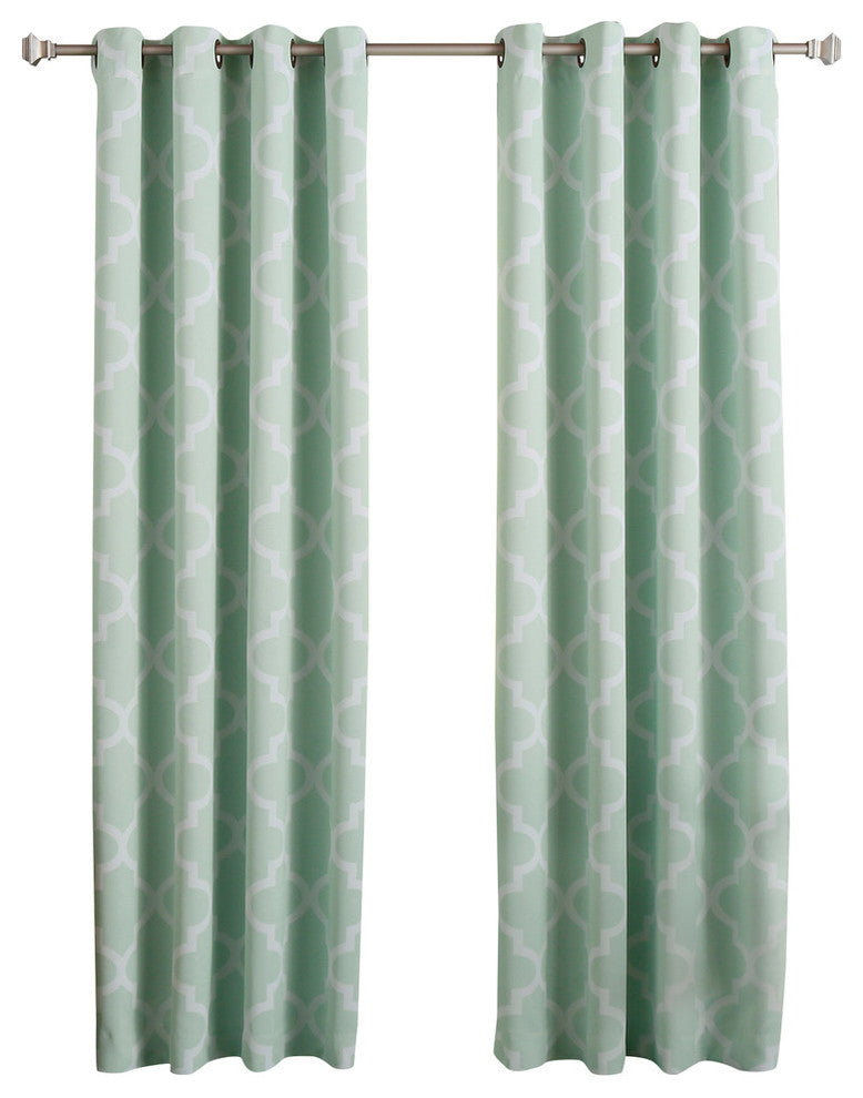 Moroccan Tile Printed Grommet Curtains, Pair, Mint, 84"
