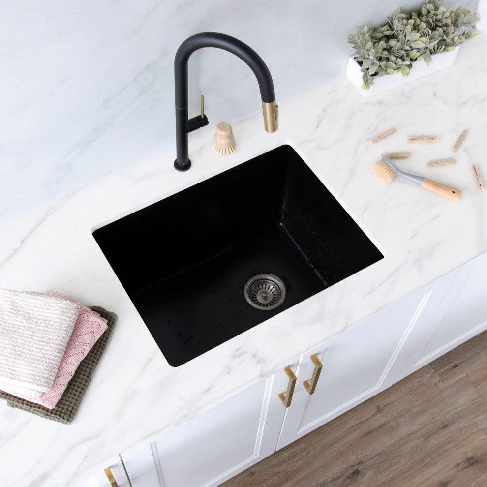 25 inch Dual Mount Single Bowl Black Granite Laundry Sink S-825N