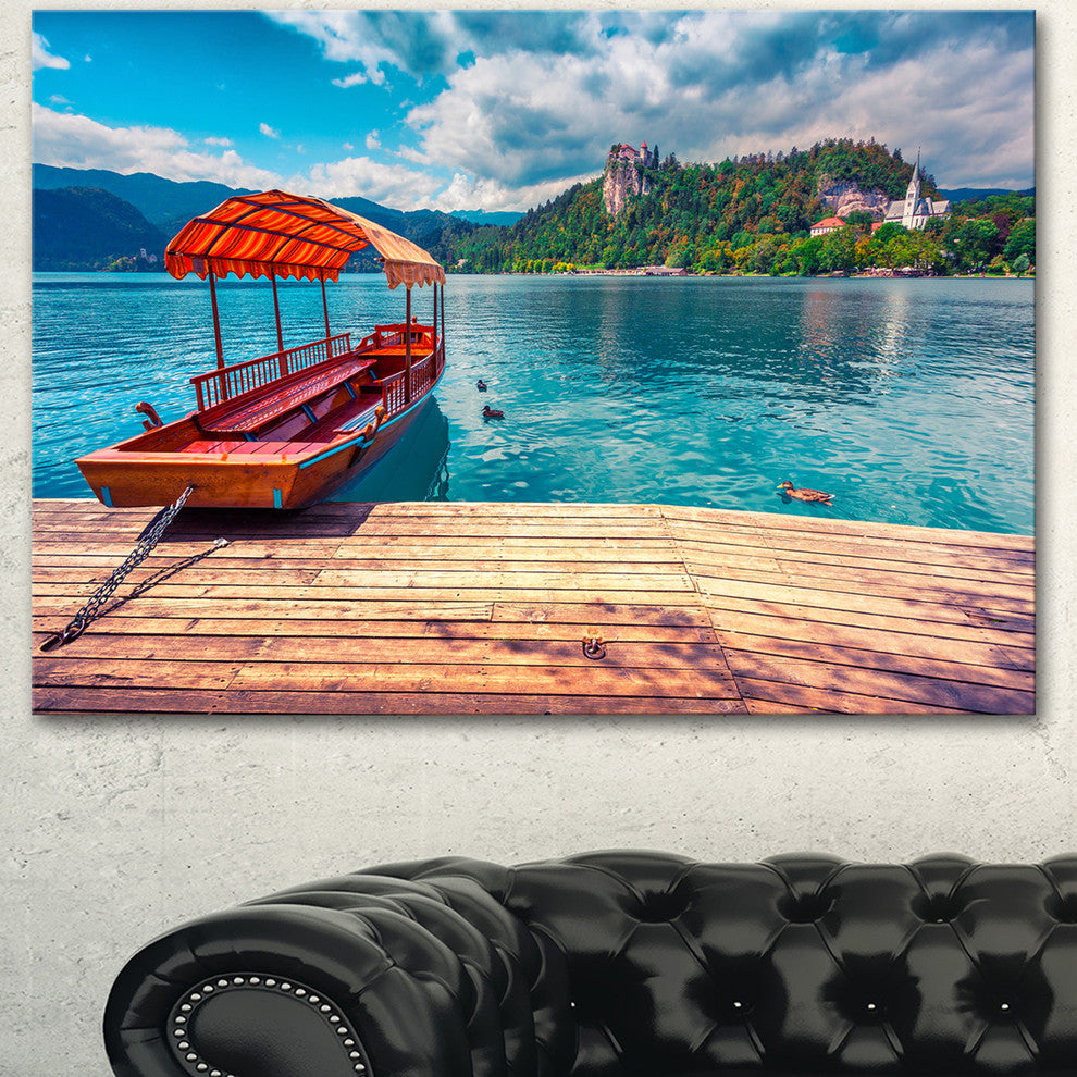 Boat in Lake Bled In Julian Alps, Large Landscape Canvas Art Print, 60"x28"
