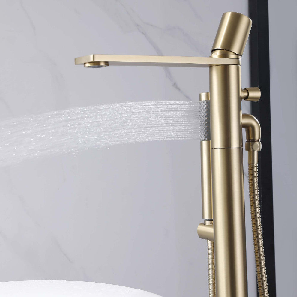 Floor Mounted Tub Spout With Handshower, Brushed Gold