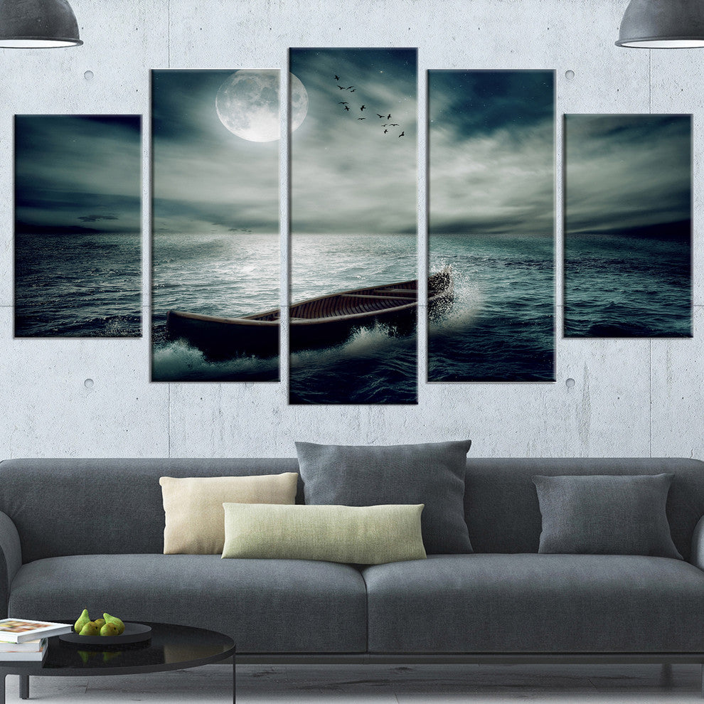 Boat Drifting Away After Storm, Large Seashore Canvas Print, 60"x32", 5 Panels