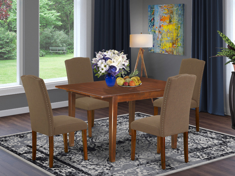 5Pc Rectangle 42/53.5" Dinette Table, 12 In Leaf, Four Parson Chair, Dark Coffee