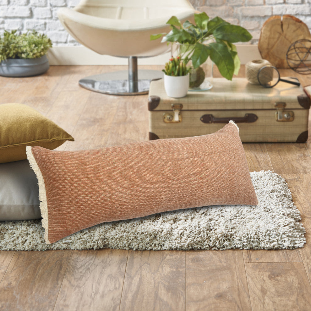 Caramel Fringed Cotton Throw Pillow, 14" X 36"