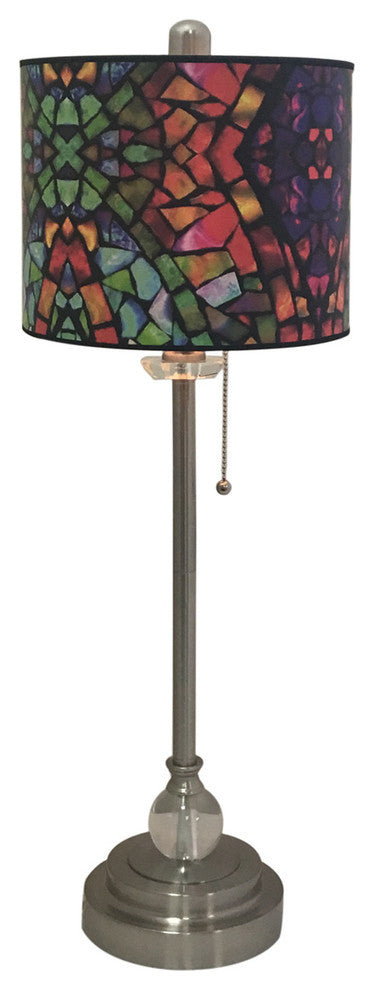 28" Crystal Lamp With Mosaic Stained Glass Shade, Brushed Nickel, Set of 2
