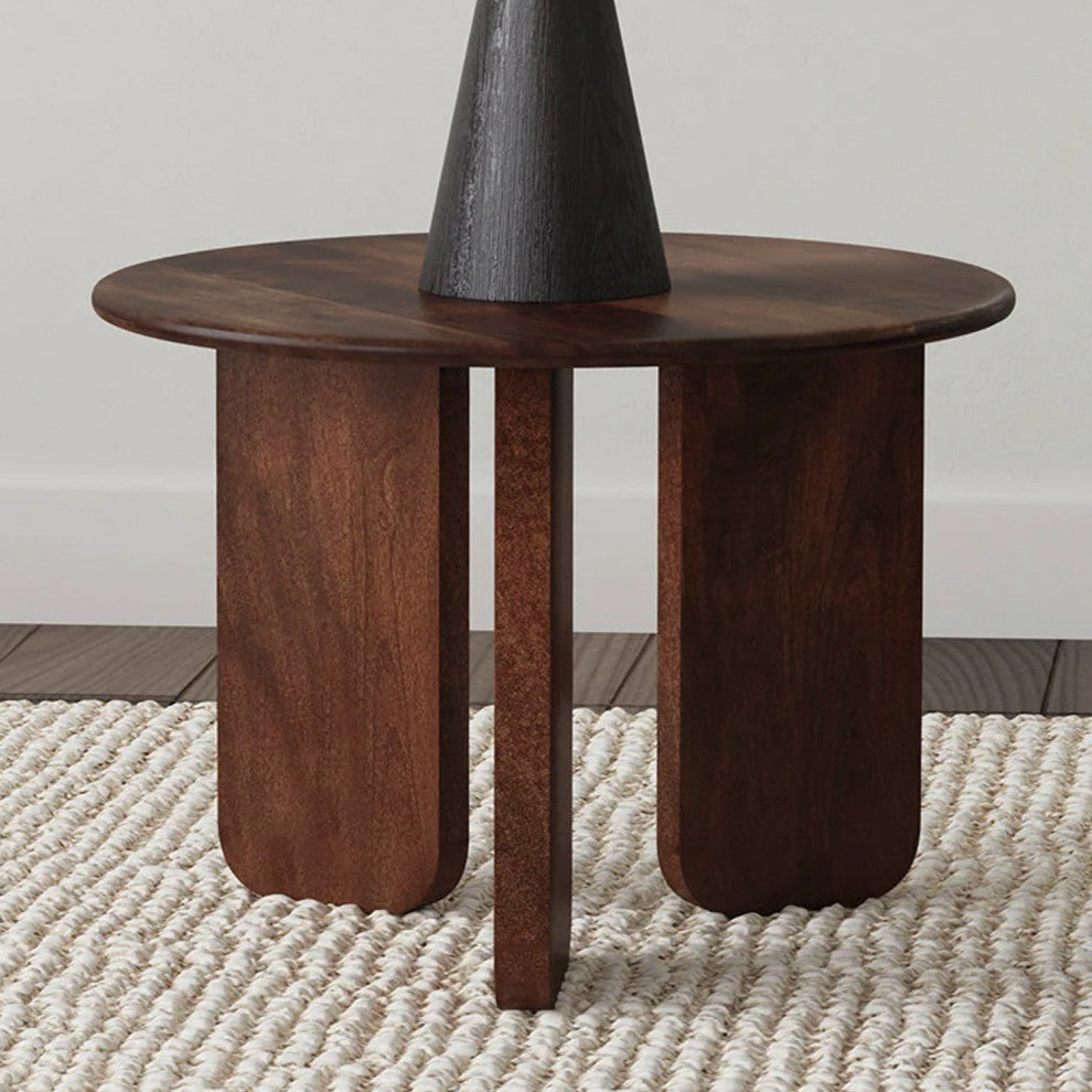 Round Mango Wood End Table With 3 Legs, Brown