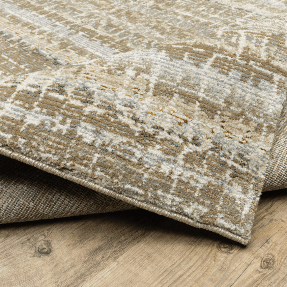 12' Runner Ivory Grey Tan and Brown Abstract Power Loom Runner Rug