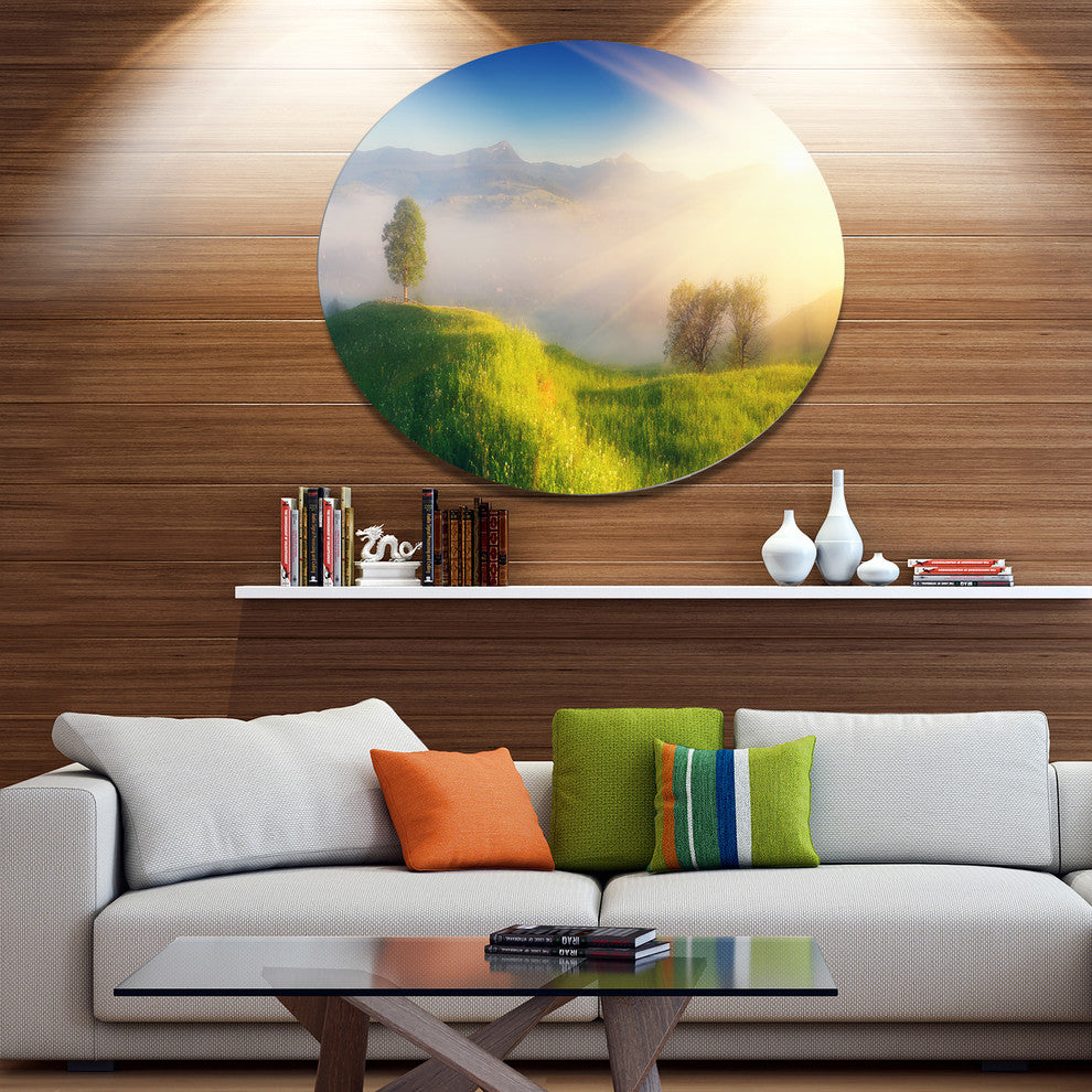 Morning Mist Over Mountain Village, Landscape Disc Metal Wall Art, 11"