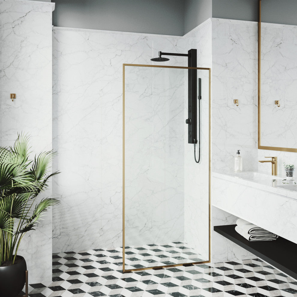VIGO Meridian Framed Fixed, Matte Brushed Gold, Shower Screen, 34" W X 74" H, Clear Glass