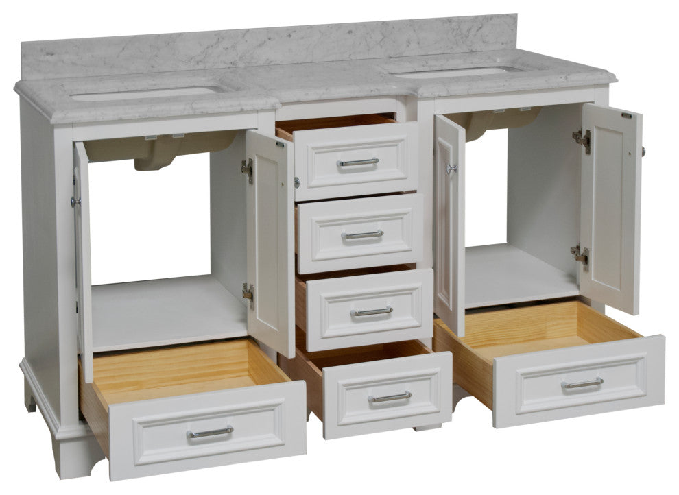 Nantucket 60" Bath Vanity, White, Carrara Marble, Double Vanity