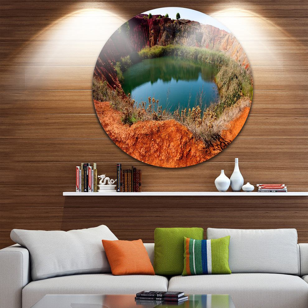 Bauxite Mine With Lake, Landscape Photo Disc Metal Artwork, 23"