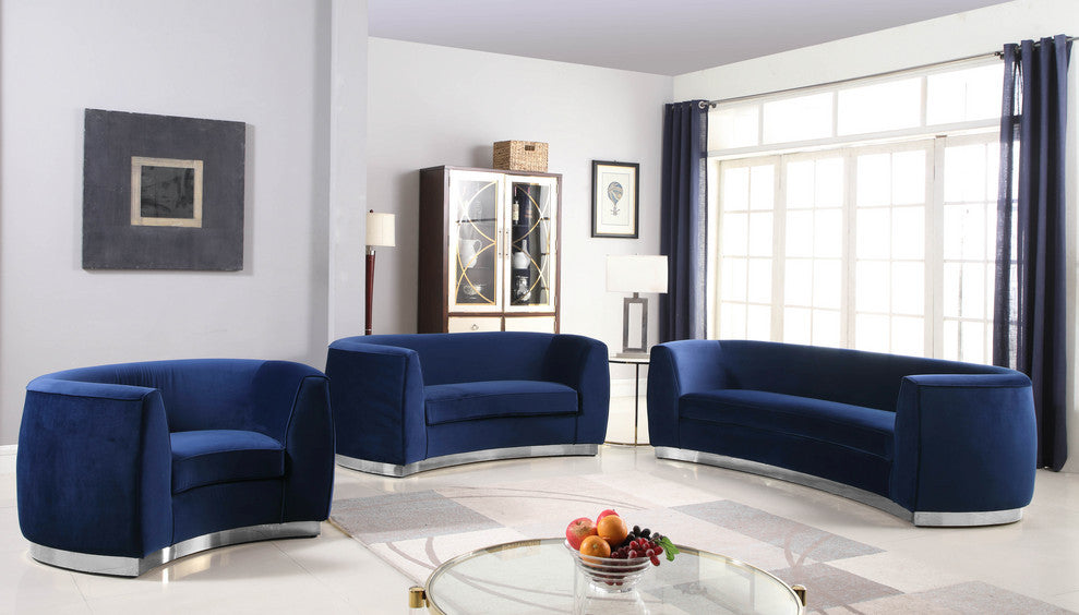 Julian Velvet Upholstered Loveseat, Navy, Chrome Base