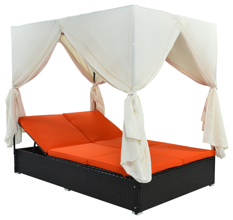 2-Piece Outdoor Wicker Patio Sunbed Daybed With Cushions And Adjustable Seats, Black Orange