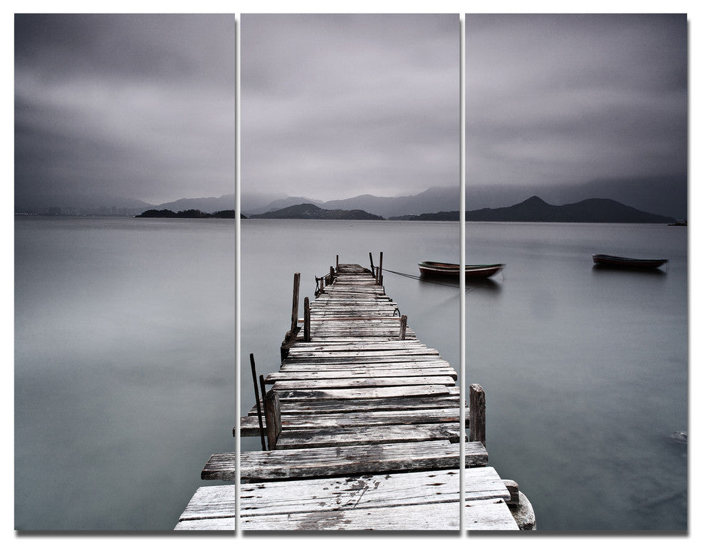 Pier and Boats at Seashore, Bridge Triptych Canvas Art Print, 36x28, 3 Panels