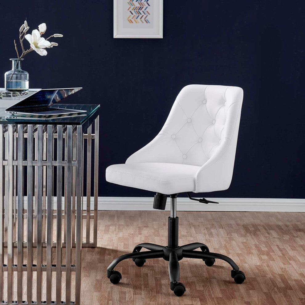 Computer Work Swivel Tufted Chair, Faux Vegan Leather, Black White, Home Office