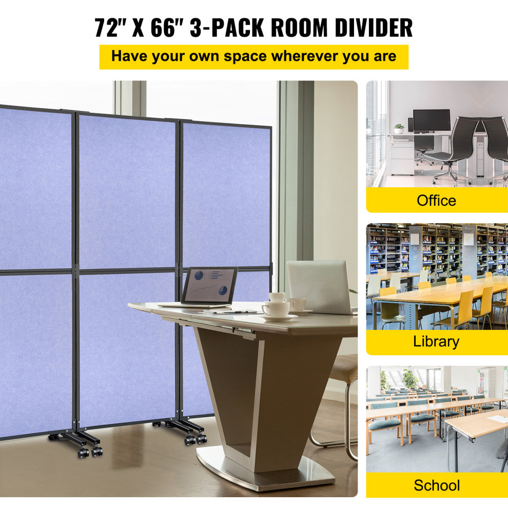 Acoustic Room Divider 72"x66" Office Partition 3 Panels, Blue