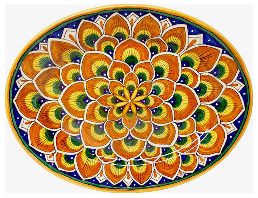 Deruta Ceramiche Sberna Penna di Pavone 16.5X13" Oval Platter, Orange