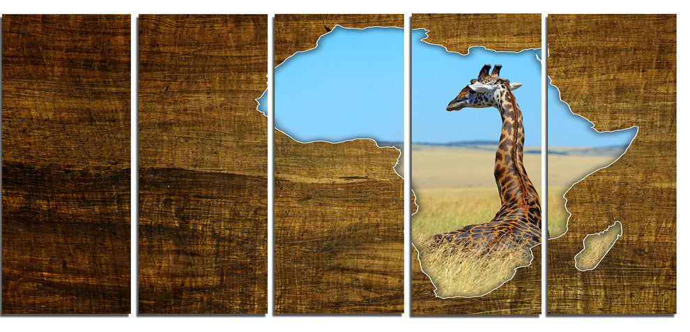 Africa Wildlife Map Design, Abstract Canvas Artwork, 60"x28", 5 Panels