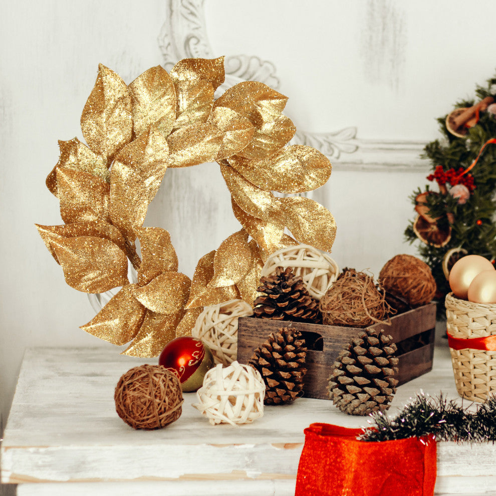 Gold Wreath Magnolia Leaf With Glitter 24" Front Door