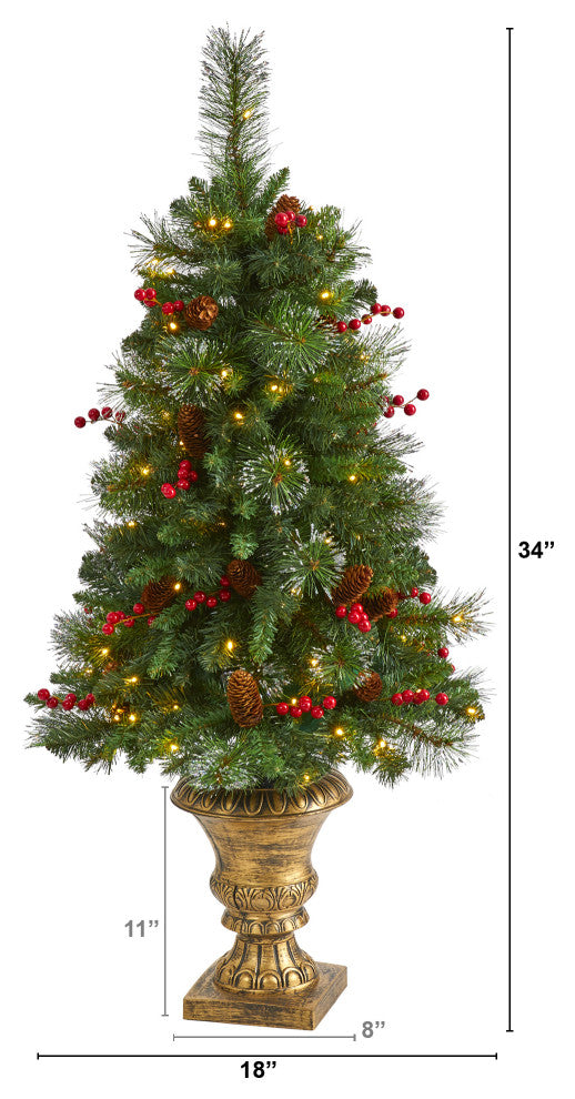 4' Pine, Pinecone & Berries Faux Xmas Tree With 100 Clear Lights, Decorative Urn