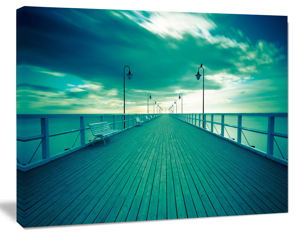 Blue Seascape With Wooden Pier, Bridge Canvas Art Print, 60"x28"