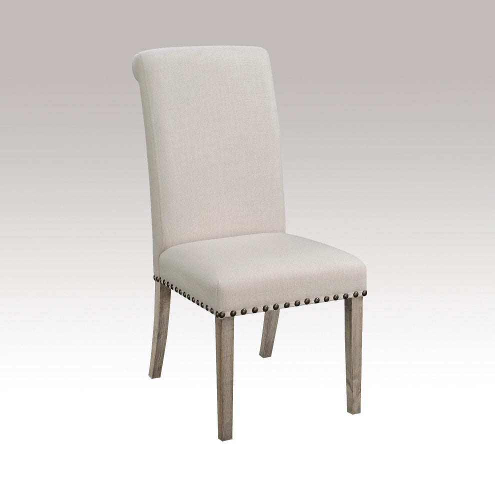 Set of 2 Dining Chairs with Nailhead Trim, Beige and Pine