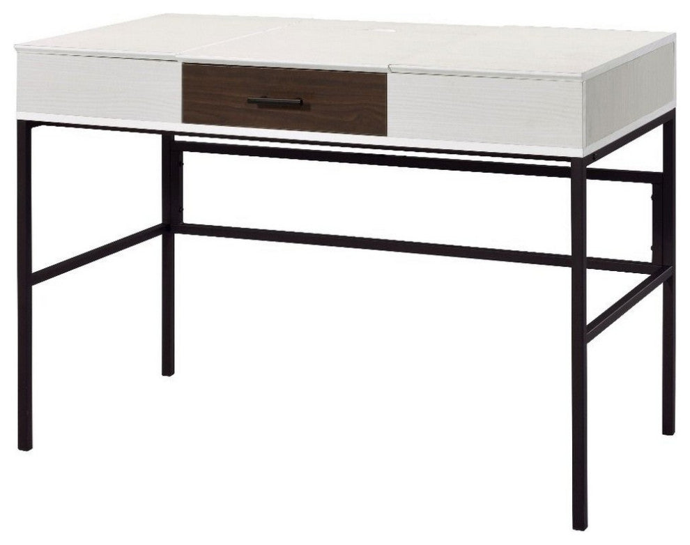 Benzara BM250200 Writing Desk With 2 Hinged Top Storage, White and Black