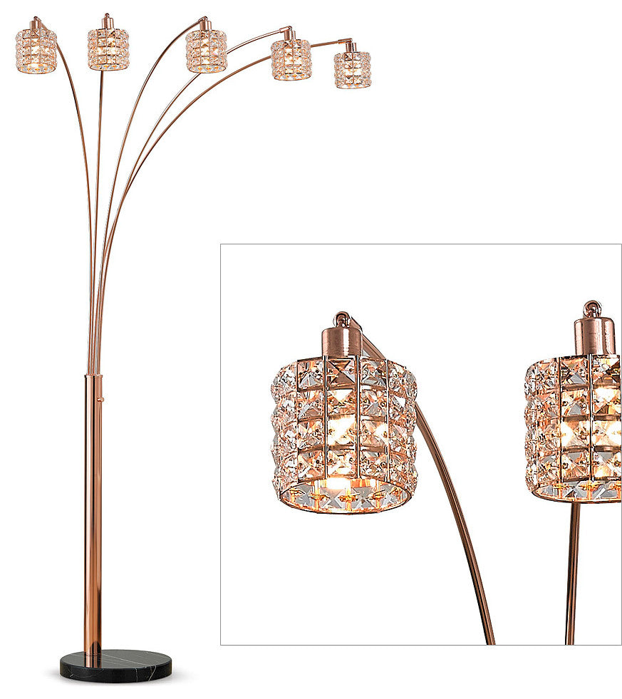 Flair Dimmable 5-Light Crystal Arch Floor Lamp, Rose Copper