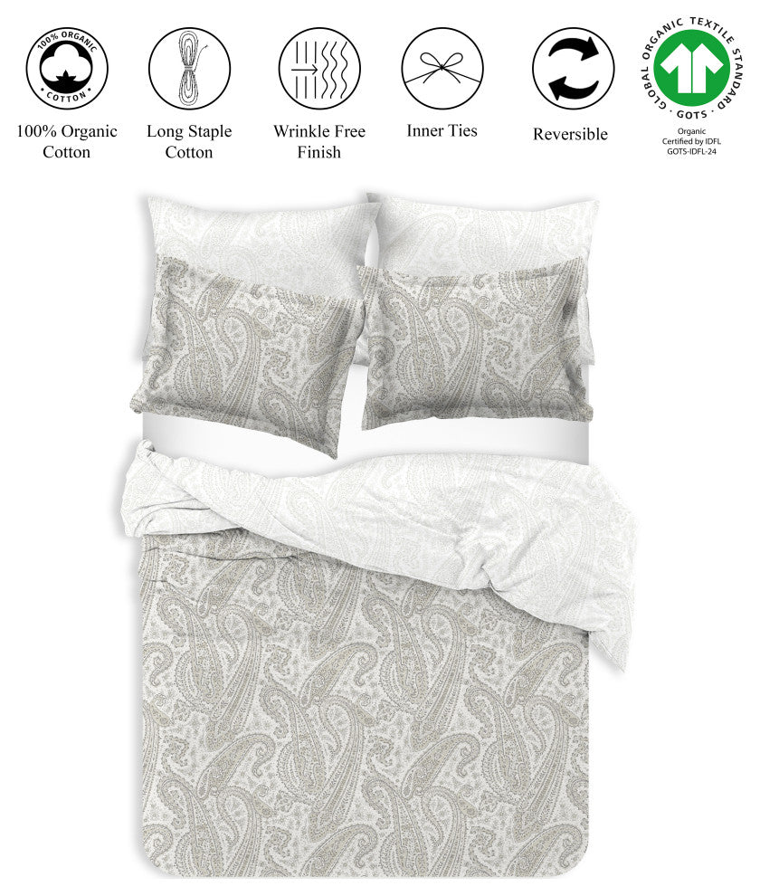 Delara GOTS Organic Cotton Paisley Reversible Print Duvet Cover Set, Queen(88"x9