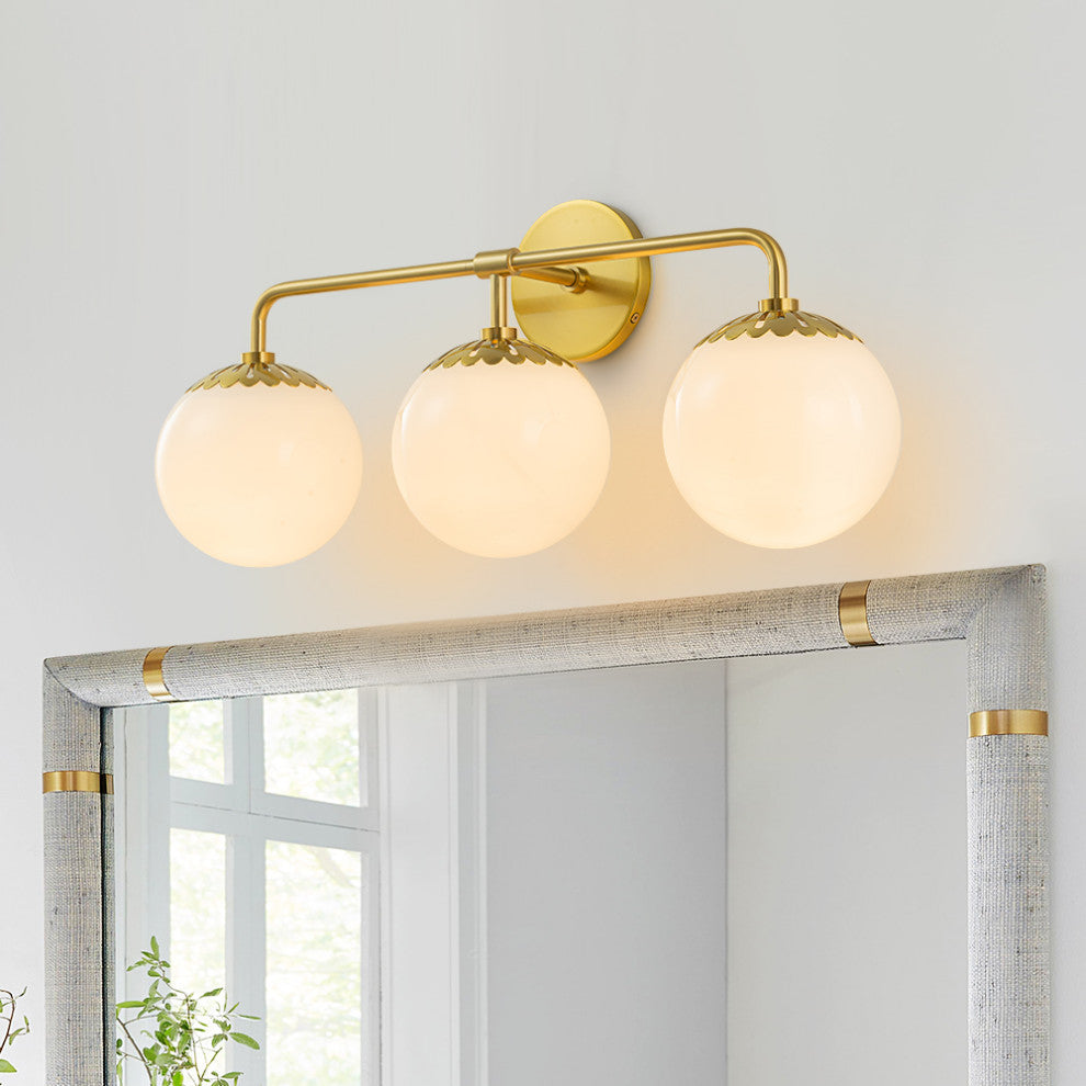 Brass 3-Light Flower Milky Glass Globe Vanity Wall Light