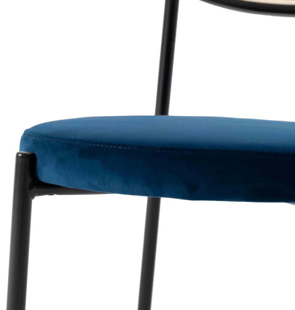 LeisureMod Euston Dining Chair With Wicker Back & Velvet Seat Set of 4, Navy Blue