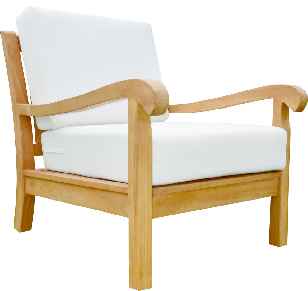 Teak Outdoor 4 Sofa Chair, Round Coffee Table and Canvas Blush Sunbrella Cushion