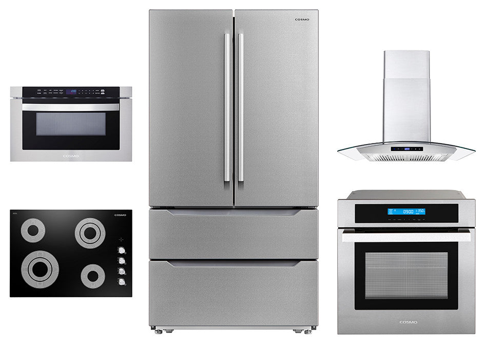 5PC, 30" Cooktop 30" Range Hood 24" Wall Oven 24.4" Refrigerator