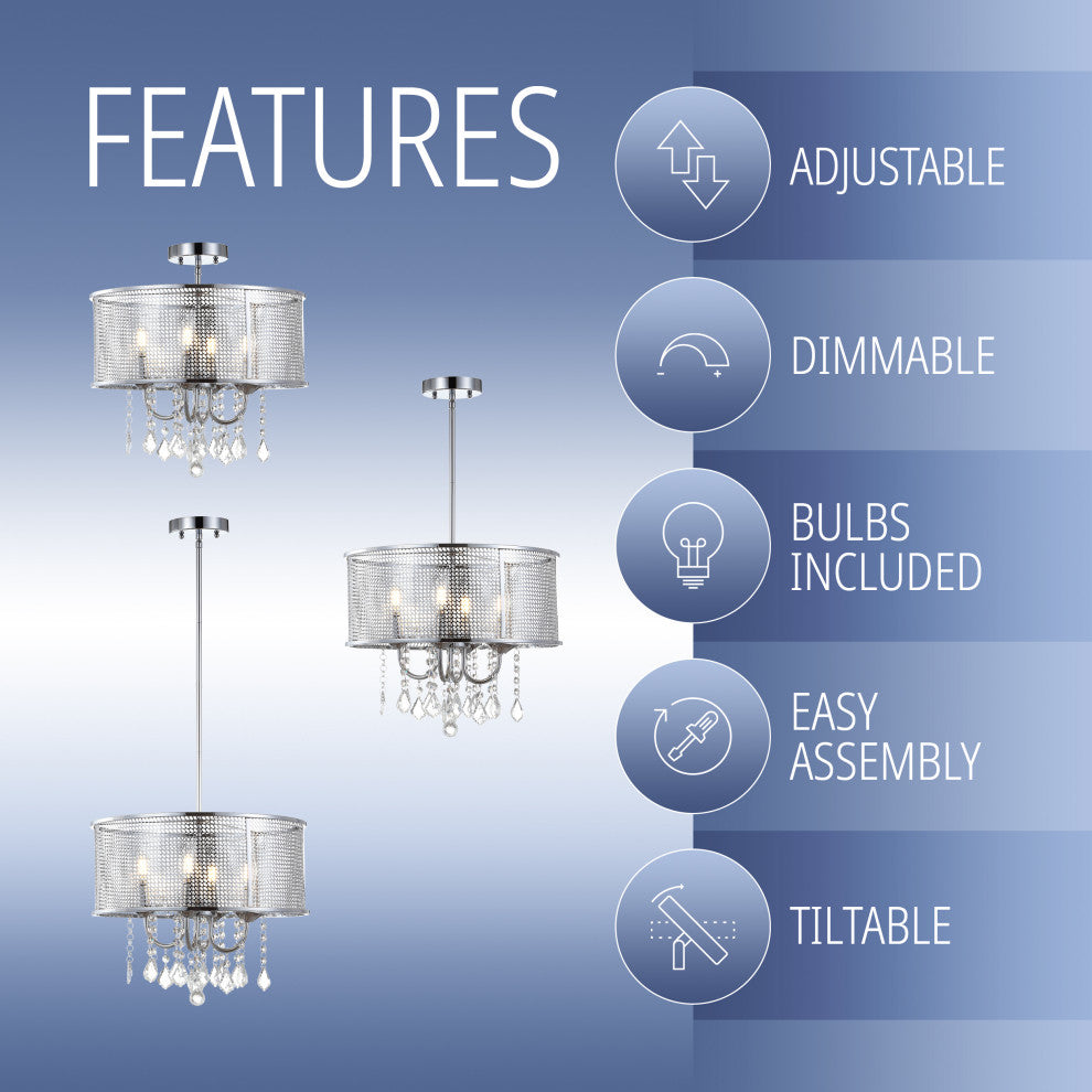 Avah Metal and Crystal Adjustable LED Drop Pendant, Chrome, 17