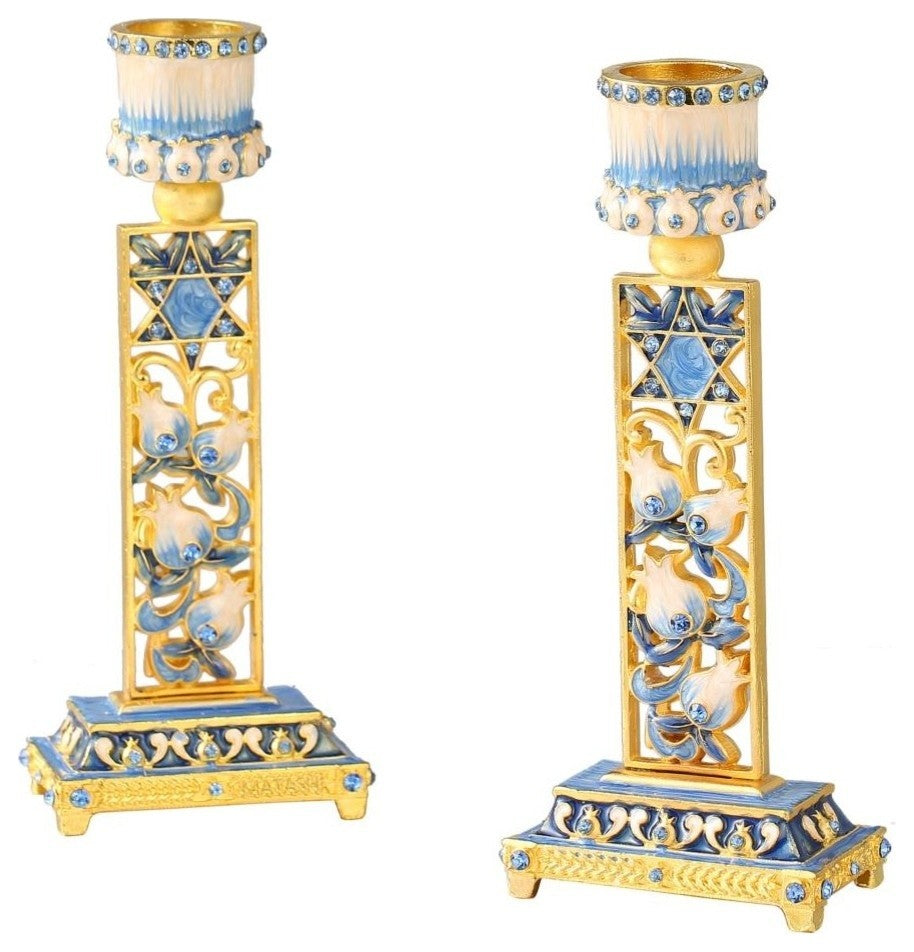 Shabbat Candlestick (2-Piece Set) Hand-Painted  Gold-Plated Pewter