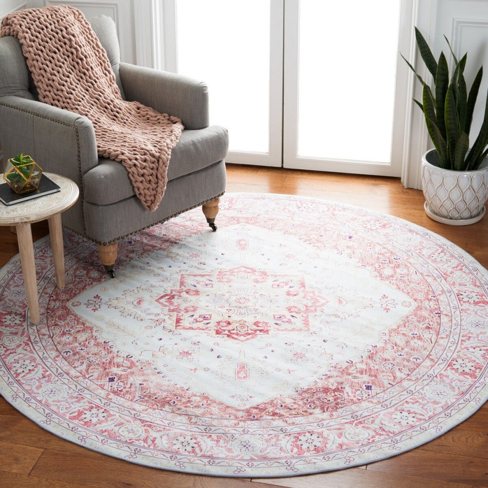 Safavieh Couture Tucson Collection, TSN107 Machine Washable Rug, Beige / Rust, 5' Round