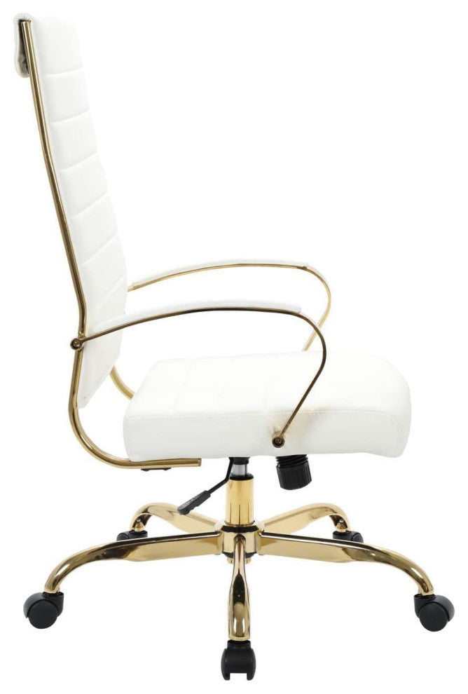 LeisureMod Benmar High-Back Leather Office Chair With Gold Frame White