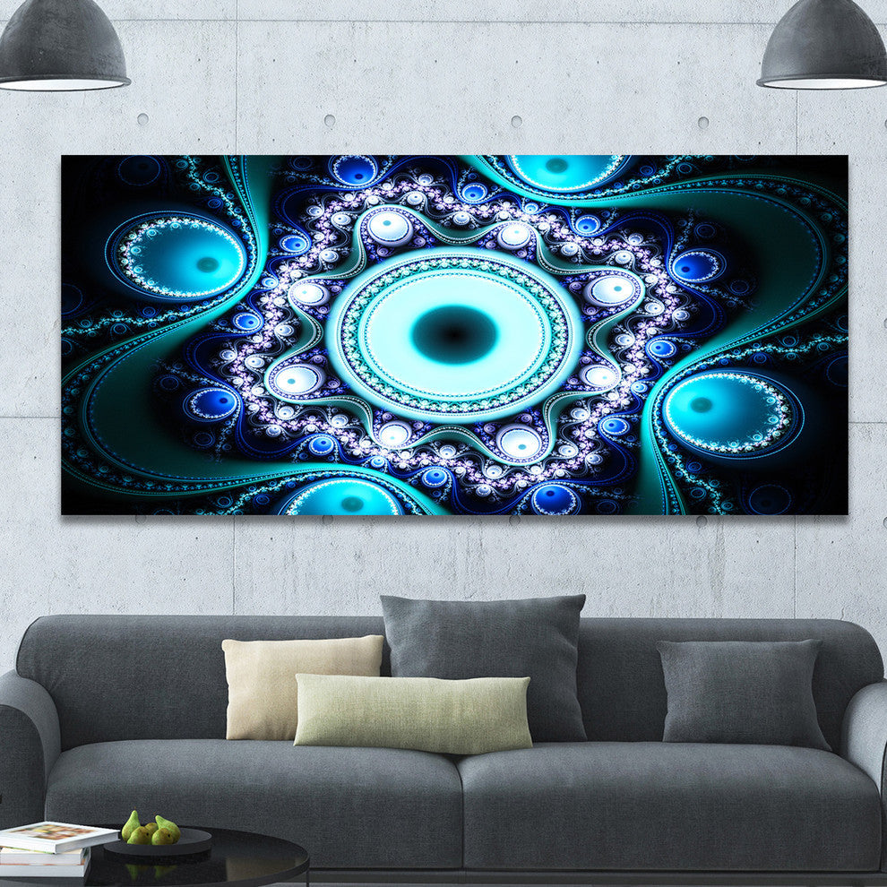 Turquoise Fractal Pattern with Circles, Oversized Abstract Canvas Print, 60x28