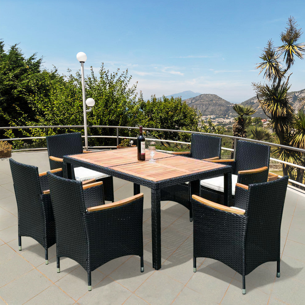 7 Pieces Outdoor Patio Wicker Furniture Dining Table Set With 6 Stools