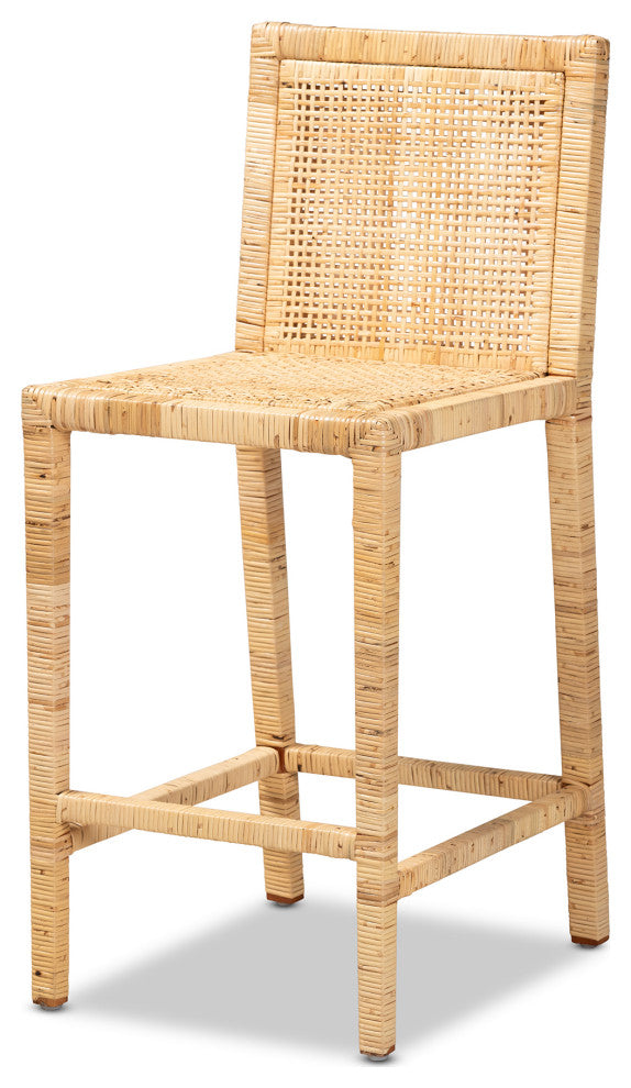 Sofia Modern and Contemporary Natural Finished Wood and Rattan Counter Stool