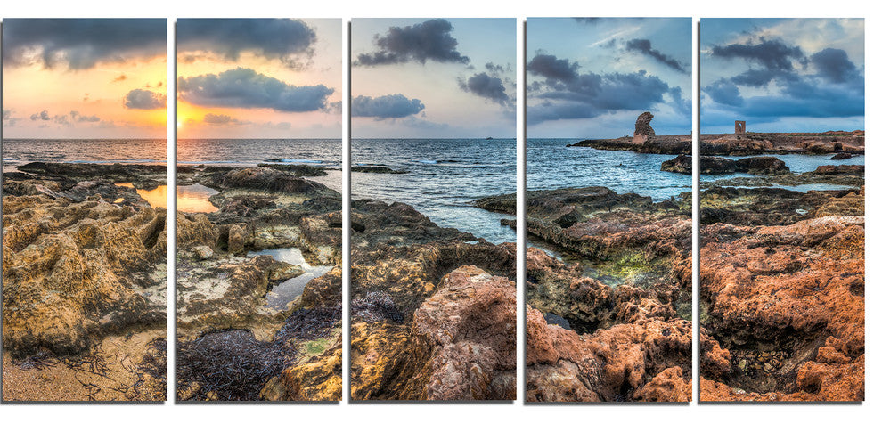 "Rocky Blue Seashore Sunset" Seashore Canvas Art, 60"x28", 5-Panels