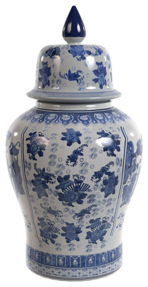 18" Ladies Blue and White Porcelain Temple Jar
