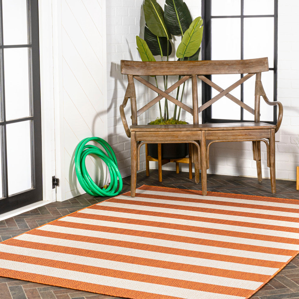 Negril Two-Tone Wide Stripe Indoor/Outdoor Area Rug, Orange/Beige, 3x5