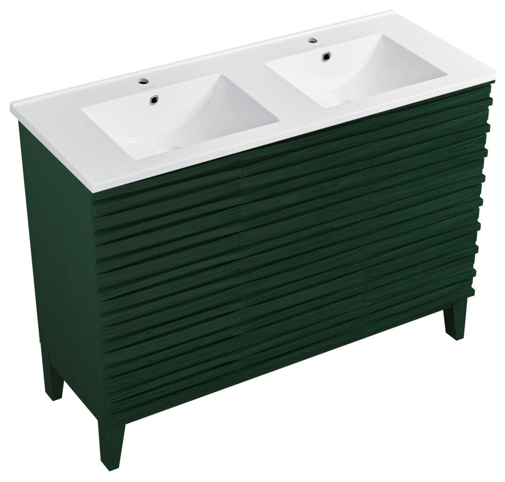 Cascade 48" Freestanding Bathroom Vanity, Green Oak With Double Basin Sink Top