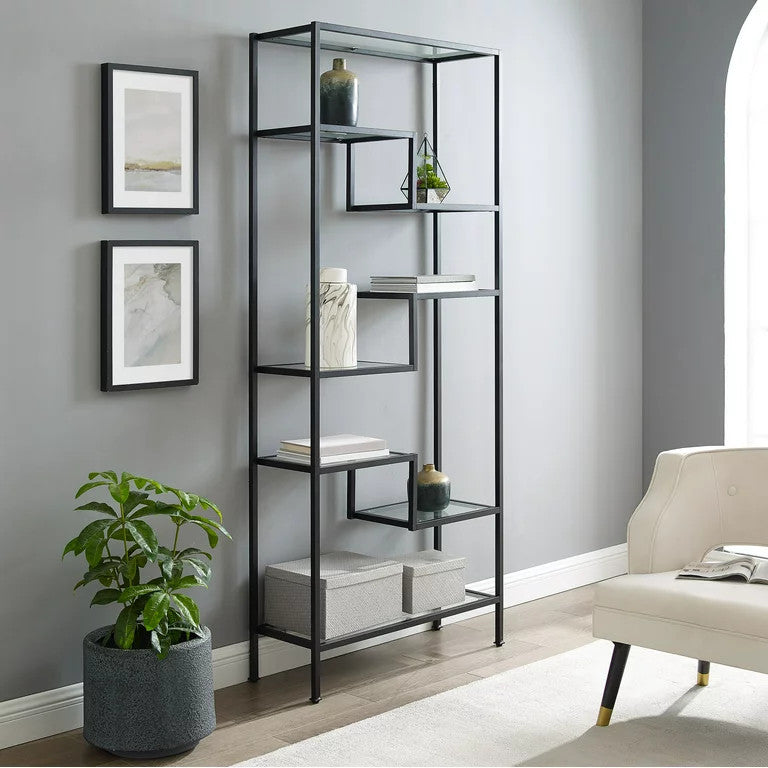 Modern Bookcase, Unique Geometric Design With Glass Open Shelves, Matte Black