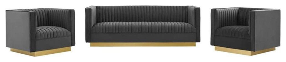 Sanguine 3 Piece Vertical Channel Tufted Upholstered Performance Velvet Set-Gray