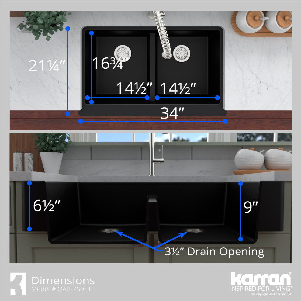 Karran Retrofit Farmhouse Quartz 34" Double Bowl Sink, Black